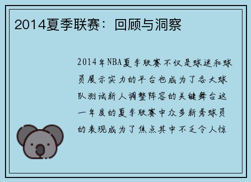 2014夏季联赛：回顾与洞察