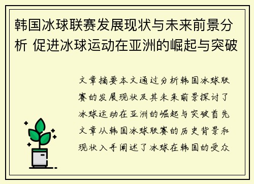 韩国冰球联赛发展现状与未来前景分析 促进冰球运动在亚洲的崛起与突破