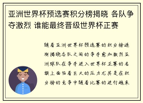 亚洲世界杯预选赛积分榜揭晓 各队争夺激烈 谁能最终晋级世界杯正赛