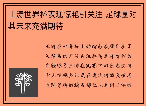 王涛世界杯表现惊艳引关注 足球圈对其未来充满期待
